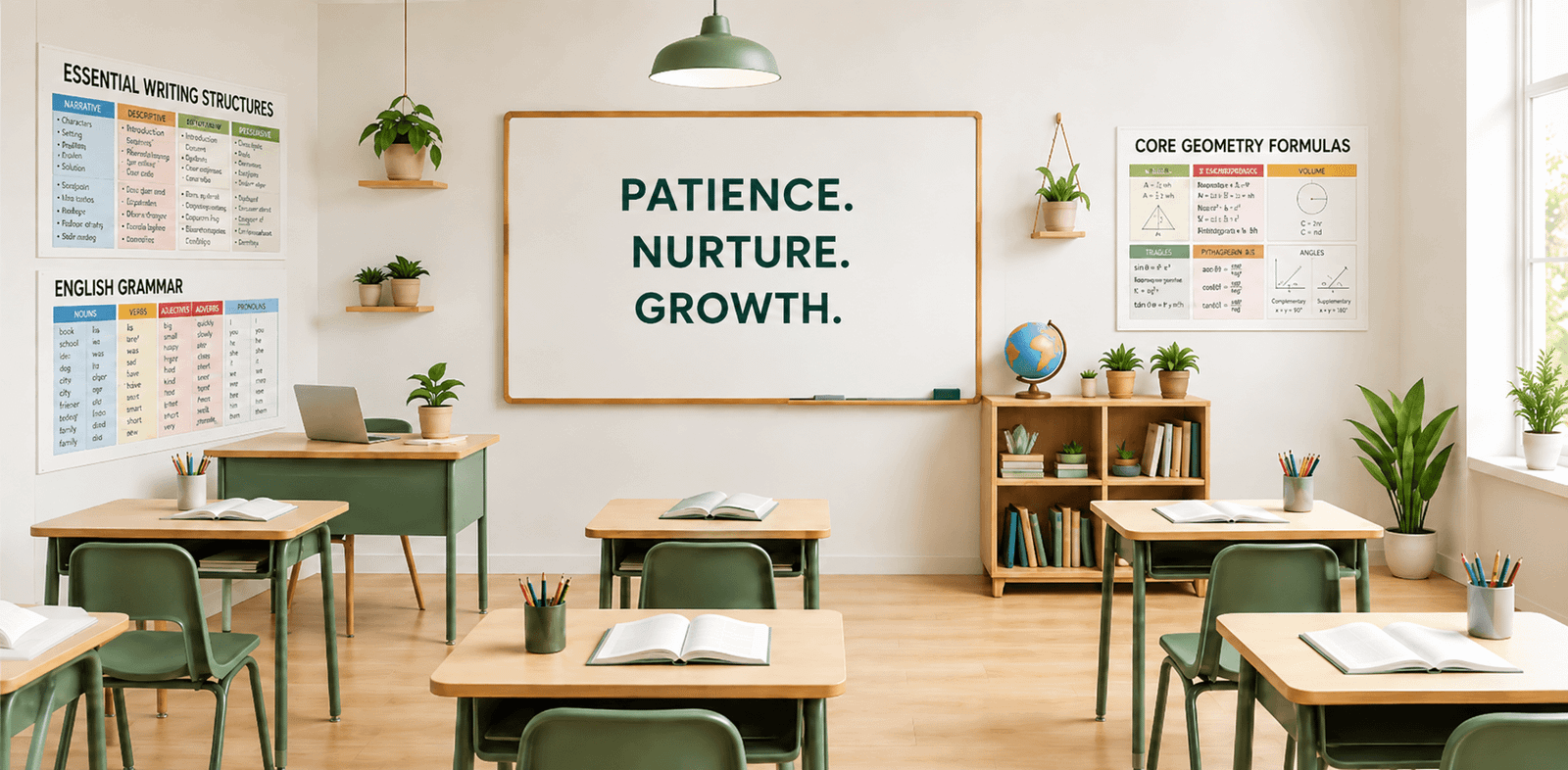 Bright tutoring classroom with desks, books and learning displays